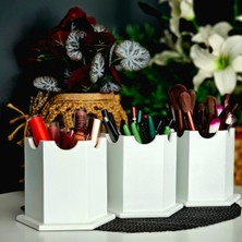 Feyza Design 3'lü Kalem Kutusu Petek Altıgen Makyaj Malzemesi Organizer Beyaz Lake