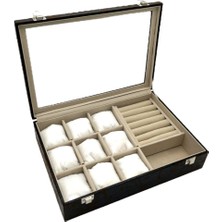 Feyza Design Şık Cam Kapaklı Bölmeli Karışık Takı Kutusu, Çatlak Kahve Desen