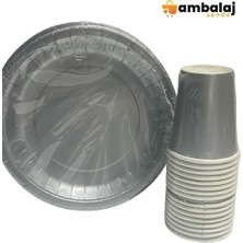 AmbalajSende Düz Gri Renk Tabak-Bardak Set