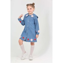 Canan Çakmak Kız Çocuk Papatya ve Kalp Işlemeli Mavi Elbise