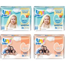 Uni Baby Islak Mendil 3X52 Li Aile ve Sensitive x 4 Adet (624 Yaprak) Karma Paket