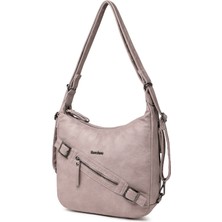 Hüvendo Barcelona Günlük Orta Boy Kemer Detaylı Kadın Omuz ve Sırt Çantası Ayarlanabilir Askılı Çok Yönlü Tasarım Pudra