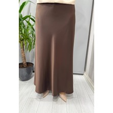 Sentez Luna Saten Volanlı Etek Kahve 5457