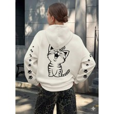 Afri Sevimli Gülen Kedi ve Pati Baskılı Kırık Beyaz Kapüşonlu Sweatshirt