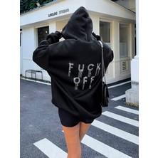 Afri Kadın Siyah Oversize Kapüşonlu Sweatshirt – Taş Detaylı “f*ck Off” Yazılı – Rahat Günlük Kapüşonlu Üst