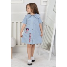 Canan Çakmak Kız Çocuk Sevimli Karekter Pemve Baskılı Mavi Elbise
