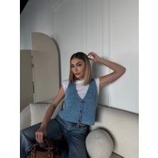 Livizmir Moda Triko Kolsuz Düğmeli Yelek - Mavi