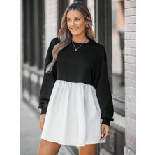 Afri Kadın Siyah Üst Beyaz Etek Detaylı Sweat Elbise – Tesettür & Açık Giyim Uyumlu, Rahat Kesim Uzun Kollu