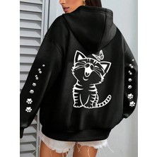 Afri Sevimli Gülen Kedi ve Pati Baskılı Siyah Kapüşonlu Sweatshirt