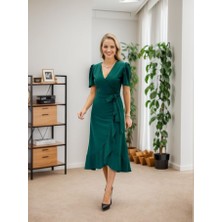 Bana Bi Giysi Livizmir Moda Kadın Kruvaze Yaka Midi Boy Kuşaklı Krep Elbise 120 cm