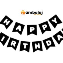 AmbalajSende Happy Bırthday Banner Siyah Gümüş Baskılı