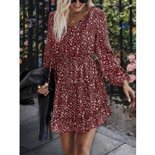 Livizmir Moda Kadın Uzun Kollu V Yaka Bağcıklı Belden Gipeli Çiçek Baskılı Kısa Süprem Elbise