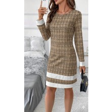 Livizmir Moda Kadın Uzun Kollu Yuvarlak Yaka Etek Ucu Şerit Detaylı Mini Dokuma Elbise