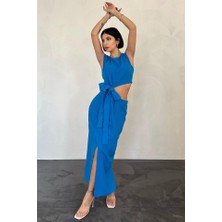 Livizmir Moda Turkuaz Kuşaklı Crop ve Etek Takım