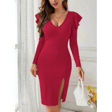 Livizmir Moda Kadın Uzun Kollu V Yakalı Yandan Yırtmaçlı Midi Ithal Krep Elbise