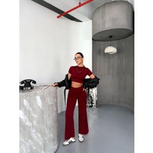 Livizmir Moda Osy Modal Yumuşak Dokulu Kumaş Kısa Kollu Crop Alt Ispanyol Paça Pantalon Ikili Takım - Bordo
