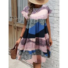 Livizmir Moda Kadın Kısa Kollu Bisiklet Yaka Kare Desenli Dalgıç Elbise