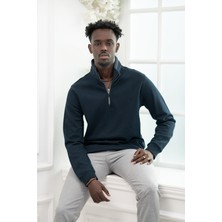 San&Fa Regular Fit Biyeli Fermuarlı Dik Yaka Armürlü Pamuklu Sweatshirt