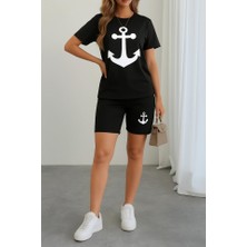 Livizmir Moda Kadın Kısa Kollu Çapa Baskılı Viskon Ikili Takım