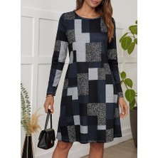 Livizmir Moda Kadın Uzun Kollu Yuvarlak Yaka Geometrik Süprem Elbise
