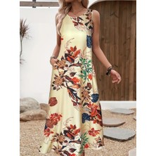 Livizmir Moda Kadın Askılı Yuvarlak Yaka Cepli Desenli Süprem Elbise