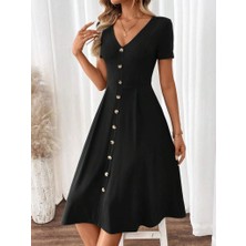 Livizmir Moda Kadın Kısa Kollu V Yakalı Önden Düğmeli A Kesim Dokuma Elbise
