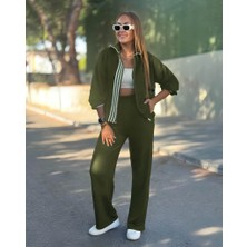 Livizmir Moda Kadın Uzun Kollu Kapşonlu Onu Şerit Detaylı Fermuarlı Viskon Iki Iplik Bluz ve Pantolon Ikili Takım