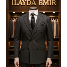 İlayda Emir Özel Tasarım,italyan Kesim, Kruvaze, Çizgili, Erkek Takım Elbise,siyah