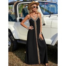 Livizmir Moda Kadın Askılı V Yakalı Etnik Şerit Detaylı Uzun Viskon Elbise