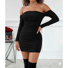 Livizmir Moda Kadın Uzun Kollu Omuzlardan Açık Takma Kollu Büzgülü Sandy Kısa Elbise