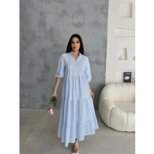 Livizmir Moda Çizgili Keten Hakim Yaka Düğmeli Salaş Elbise - Mavi