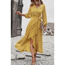 Livizmir Moda Kadın Uzun Kollu Kruvaze Yaka Yandan Bağlamalı Önden Fırfır Detaylı Süprem Uzun Elbise