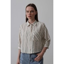 Livizmir Moda Çizgili Kısa Gömlek - Bej-Yeşil