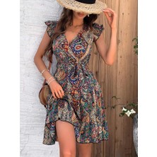 Livizmir Moda Kadın Kısa Kelebek Kollu Kruvaze Yakalı Süprem Elbise