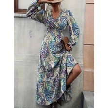 Livizmir Moda Kadın Uzun Kollu Kruvaze Yakalı Desenli Süprem Maxi Elbise