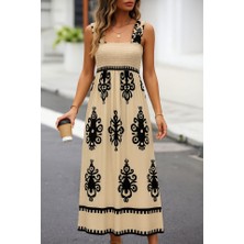 Livizmir Moda Kadın Askılı Kare Yaka Gipe Detaylı Desenli Suprem Elbise