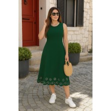 Livizmir Moda Kadın Kolsuz Etek Ucu Lazer Kesim Çiçek Desenli Midi Boy Ithal Krep Elbise