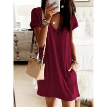 Livizmir Moda Kadın Kısa Kollu V Yakalı Cepli Kısa Viskon Elbise