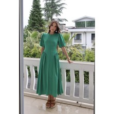 Livizmir Moda Yeşil Arkadan Bağlamalı Büzgülü Keten Elbise