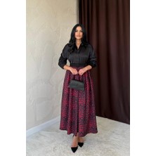 Livizmir Moda Bordo Leopar Büzgülü Uzun Etek
