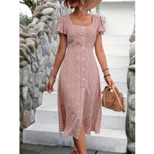 Livizmir Moda Kadın Kısa Kollu Önü Düğmeli Volanlı Minik Leopar Desen Midi Viskon Elbise