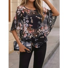 Livizmir Moda Kadın Kısa Kollu Yuvarlak Yaka Çiçek Baskılı Asimetrik Kesim Şifon Bluz