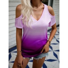 Livizmir Moda Kadın Kısa Kollu V Yakalı Iki Omuzu Açık Baskılı Süprem Bluz