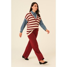 BezeXL Büyük Beden Kol Yaka Kot Bordo Ikili Triko Takım