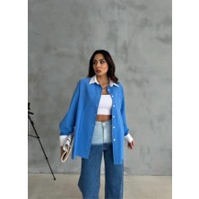 Livizmir Moda Kol ve Manşet Beyaz Kapalı Pile Detaylı Gömlek - Mavi