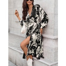 Livizmir Moda Kadın Uzun Kollu Kruvaze Yakalı Yandan Bağlamalı Desenli Mini Modal Elbise
