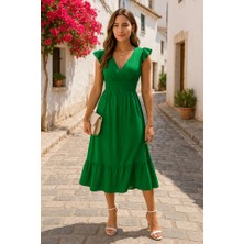 Livizmir Moda Kadın Kısa Kollu Kruvaze Yakalı Beli Lastikli Müslim Elbise