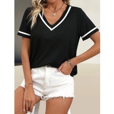 Livizmir Moda Kadın Kosa Kollu Ribanalı V Yaka ve Kol Detaylı Viskon Bluz