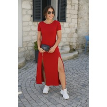 Bana Bi Giysi Livizmir Moda Kadın Kısa Kollu Sırt Dekolteli Yırtmaç Detaylı Viskon Elbise