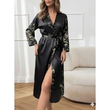 Livizmir Moda Kadın Uzun Kollu V Yakalı Çiçek Baskılı Belden Kuşaklı Midi Saten Gecelik